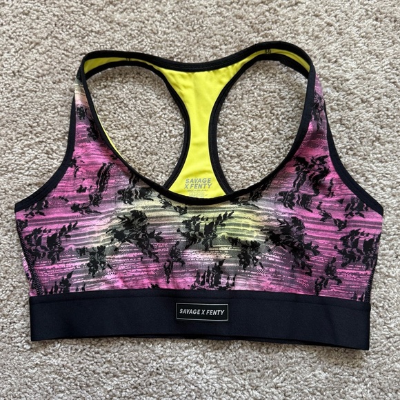 NWOT Savage X Fenty Pink and Black Colorful Pattern Sports Bra Size Large - Picture 2 of 9